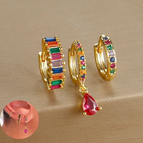 3PCS Colorful Cubic Zirconia Stainless Steel Hoop Earrings